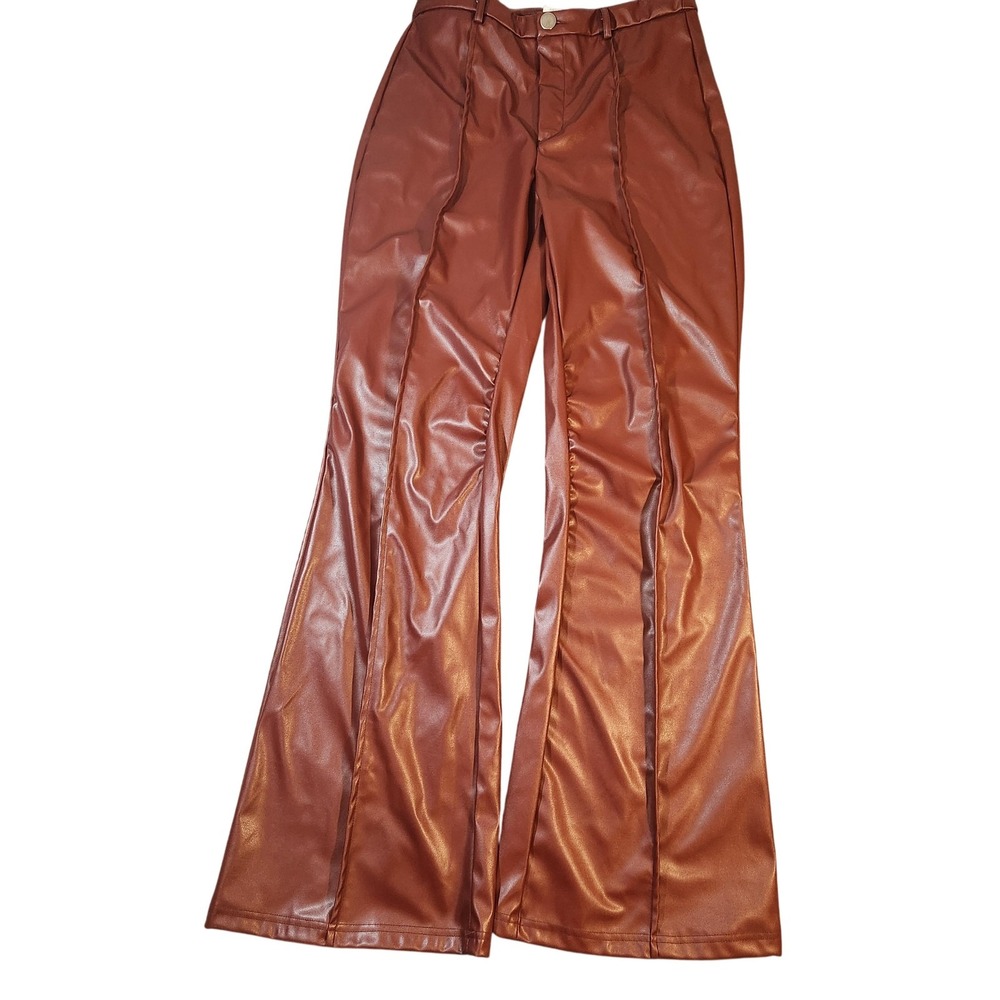 Missguided Pants Womens 8 Brown Faux Leather Flare High Rise Pull On Stretch NWT